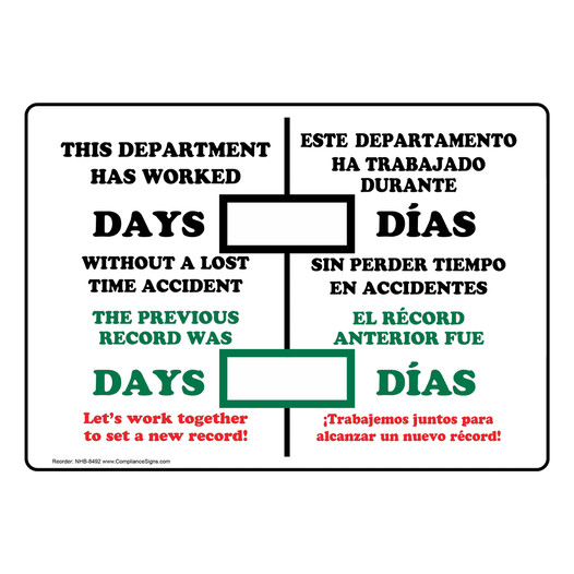 Department Days Without Lost Time Accident Bilingual Sign NHB-8492