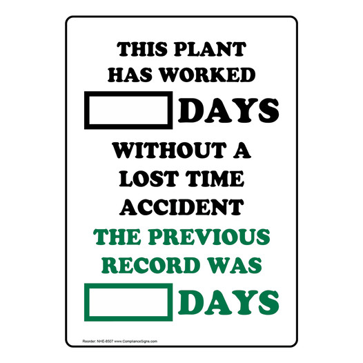 Days Without Lost Time Accident Plant Sign NHE-8507
