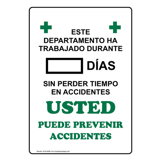 Department Worked Days Without Accident Spanish Sign NHS-8486