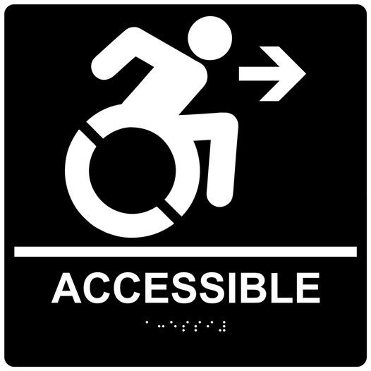 Square Black Braille ACCESIBLE Right Sign with Dynamic Accessibility Symbol - RRE-14756R-99_White_on_Black