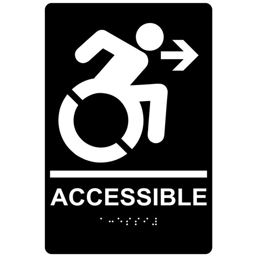 Black Braille ACCESSIBLE Right Sign with Dynamic Accessibility Symbol RRE-14756R_White_on_Black