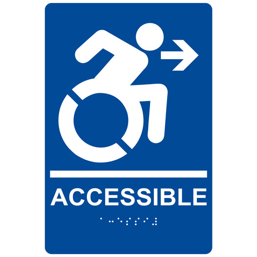 Blue Braille ACCESSIBLE Right Sign with Dynamic Accessibility Symbol RRE-14756R_White_on_Blue