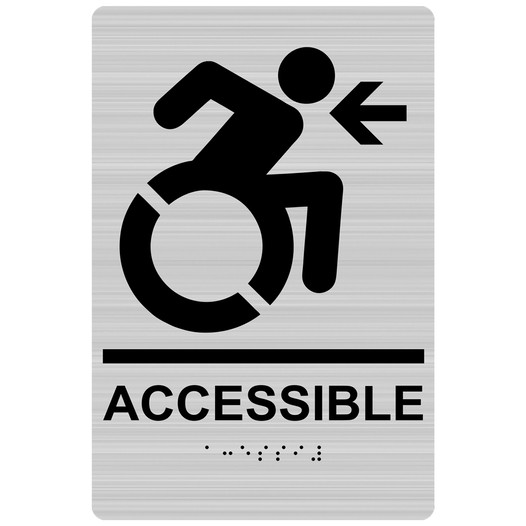 Brushed Silver ACCESSIBLE Left Sign with Dynamic Accessibility Symbol RRE-14757R_Black_on_BrushedSilver