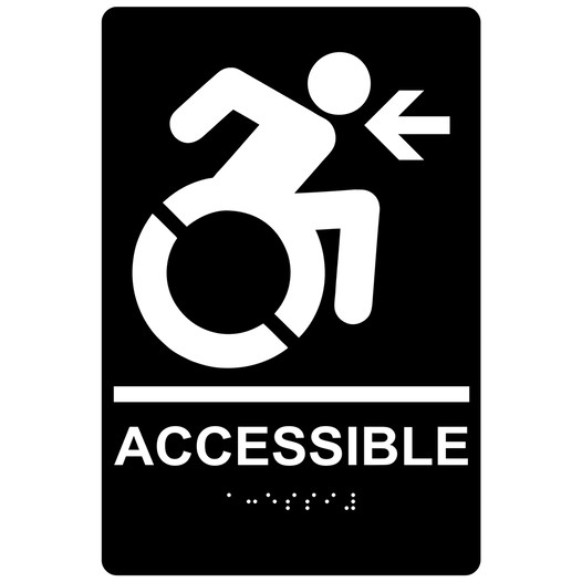 Black Braille ACCESSIBLE Left Sign with Dynamic Accessibility Symbol RRE-14757R_White_on_Black