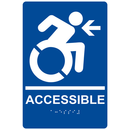 Blue Braille ACCESSIBLE Left Sign with Dynamic Accessibility Symbol RRE-14757R_White_on_Blue