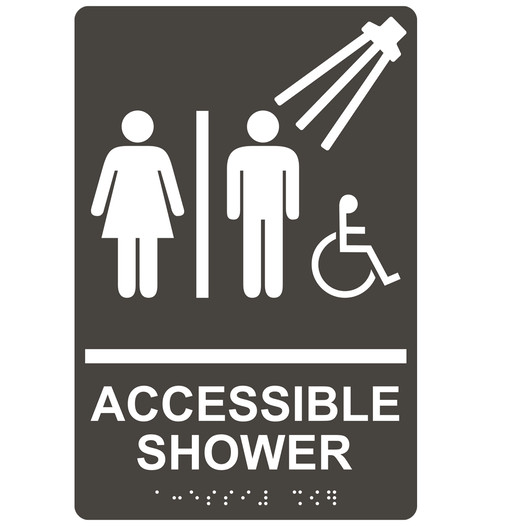 Charcoal Gray ADA Braille ACCESSIBLE SHOWER Sign RRE-14802_White_on_CharcoalGray