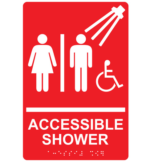 Red ADA Braille ACCESSIBLE SHOWER Sign RRE-14802_White_on_Red