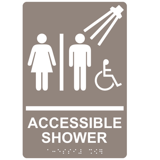 Taupe ADA Braille ACCESSIBLE SHOWER Sign RRE-14802_White_on_Taupe