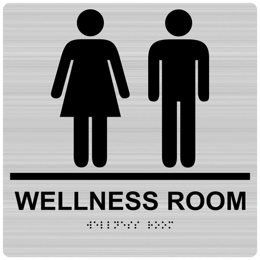 Square Brushed Silver ADA Braille Unisex WELLNESS ROOM Sign RRE-50820-99-Black_on_BrushedSilver