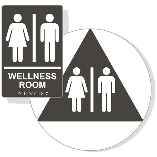Charcoal Gray ADA Braille Unisex WELLNESS ROOM Sign Set RRE-50820_DCTS_Set_White_on_CharcoalGray