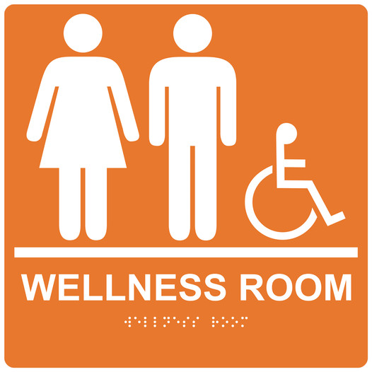 Square Orange ADA Braille Accessible WELLNESS ROOM Sign - RRE-50821-99_White_on_Orange