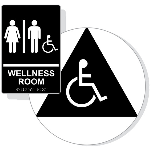 Black ADA Braille Accessible Unisex WELLNESS ROOM Sign Set RRE-50821_190_DCTS_Set_White_on_Black