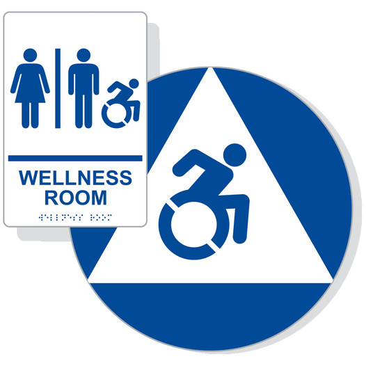 White Braille WELLNESS ROOM Sign Set with Dynamic Accessibility Symbol RRE-50821_190_DCTS_SetR_Blue_on_White