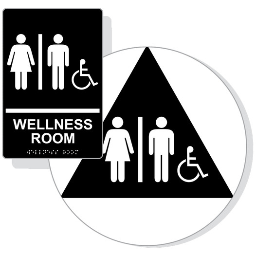 Black ADA Braille Accessible Unisex WELLNESS ROOM Sign Set RRE-50821_DCTS_Set_White_on_Black