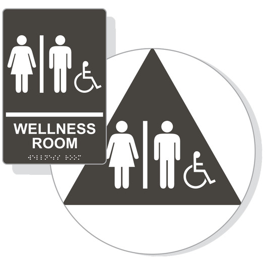 Charcoal Gray ADA Braille Accessible Unisex WELLNESS ROOM Sign Set RRE-50821_DCTS_Set_White_on_CharcoalGray