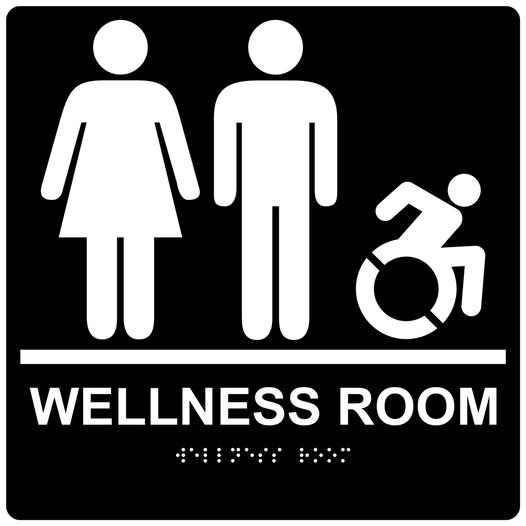 Square Black Braille WELLNESS ROOM Sign with Dynamic Accessibility Symbol - RRE-50821R-99_White_on_Black