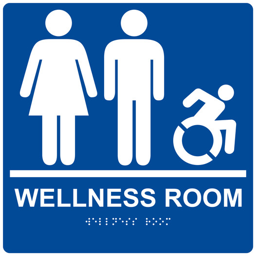 Square Blue Braille WELLNESS ROOM Sign with Dynamic Accessibility Symbol - RRE-50821R-99_White_on_Blue