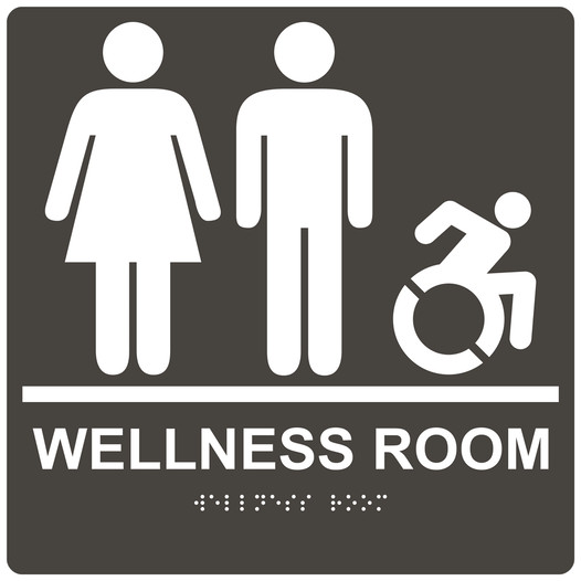 Square Charcoal Gray Braille WELLNESS ROOM Sign with Dynamic Accessibility Symbol - RRE-50821R-99_White_on_CharcoalGray