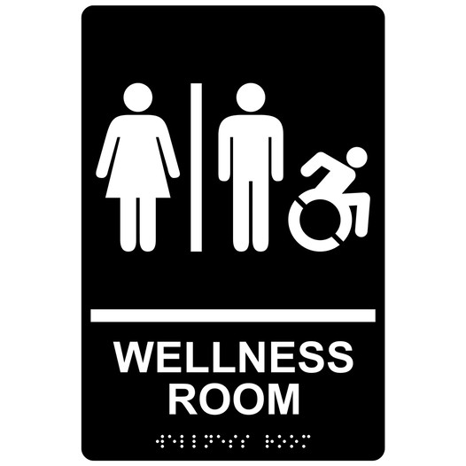 Black Braille WELLNESS ROOM Sign with Dynamic Accessibility Symbol RRE-50821R-White_on_Black