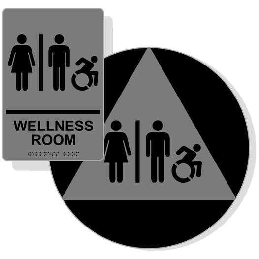 Gray Braille WELLNESS ROOM Sign Set with Dynamic Accessibility Symbol RRE-50821R_DCTS_Set_Black_on_Gray