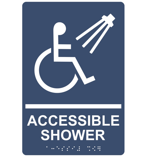 Navy ADA Braille ACCESSIBLE SHOWER Sign with Symbol RRE-840_White_on_Navy