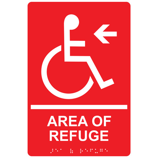 Red ADA Braille Accessible AREA OF REFUGE Left Sign RRE-14761_White_on_Red