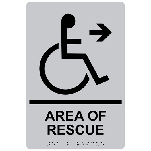 Silver ADA Braille Accessible AREA OF RESCUE Right Sign RRE-14762_Black_on_Silver