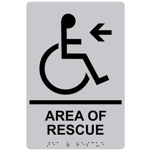 Silver ADA Braille Accessible AREA OF RESCUE Left Sign RRE-14763_Black_on_Silver