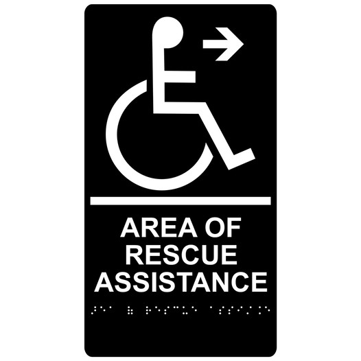 Black ADA Braille Accessible AREA OF RESCUE ASSISTANCE Right Sign RRE-14764_White_on_Black