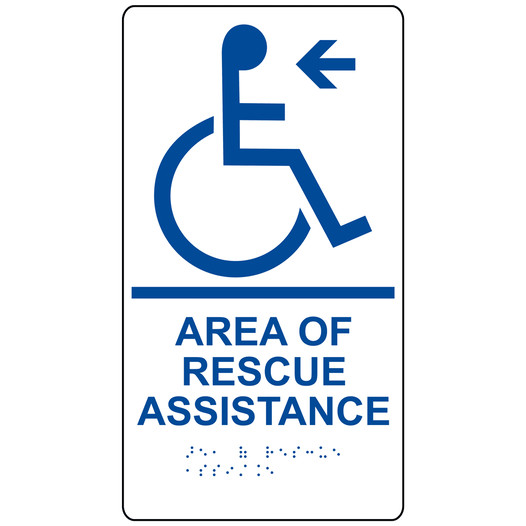 White ADA Braille Accessible AREA OF RESCUE ASSISTANCE Left Sign RRE-14765_Blue_on_White