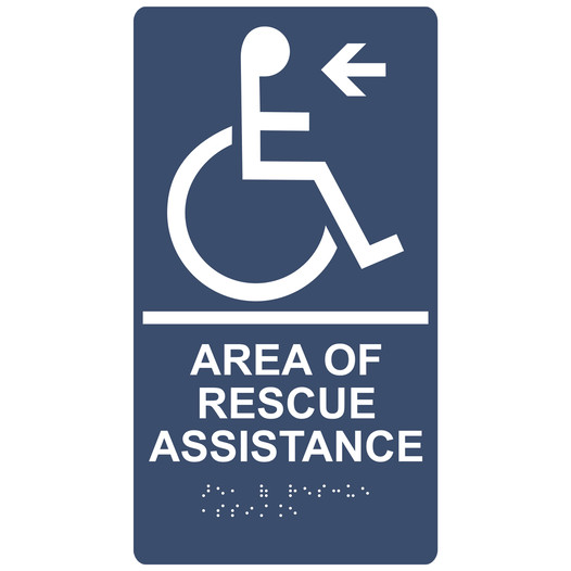 Navy ADA Braille Accessible AREA OF RESCUE ASSISTANCE Left Sign RRE-14765_White_on_Navy