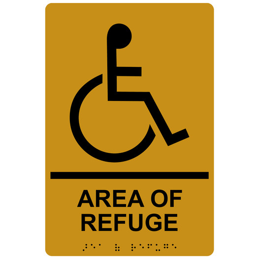 Gold ADA Braille Accessible AREA OF REFUGE Sign with Symbol RRE-910_Black_on_Gold
