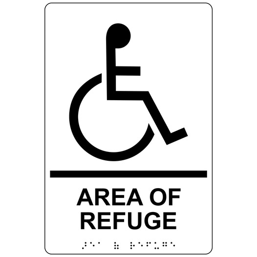 White ADA Braille Accessible AREA OF REFUGE Sign with Symbol RRE-910_Black_on_White