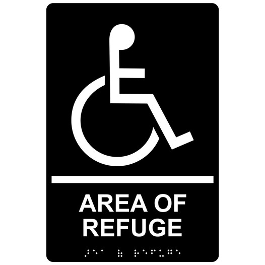 Black ADA Braille Accessible AREA OF REFUGE Sign with Symbol RRE-910_White_on_Black