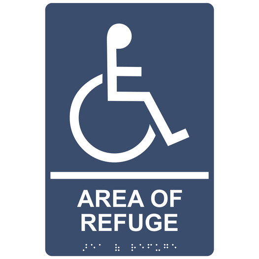 Navy ADA Braille Accessible AREA OF REFUGE Sign with Symbol RRE-910_White_on_Navy