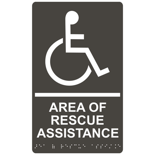 Charcoal Gray ADA Braille Accessible AREA OF RESCUE ASSISTANCE Sign with Symbol RRE-915_White_on_CharcoalGray