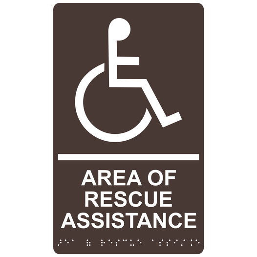 Dark Brown ADA Braille Accessible AREA OF RESCUE ASSISTANCE Sign with Symbol RRE-915_White_on_DarkBrown