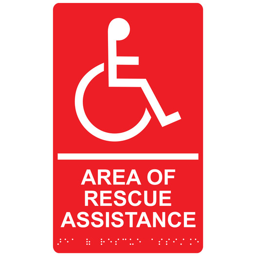 Red ADA Braille Accessible AREA OF RESCUE ASSISTANCE Sign with Symbol RRE-915_White_on_Red