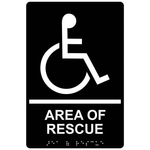 Black ADA Braille Accessible AREA OF RESCUE Sign with Symbol RRE-920_White_on_Black