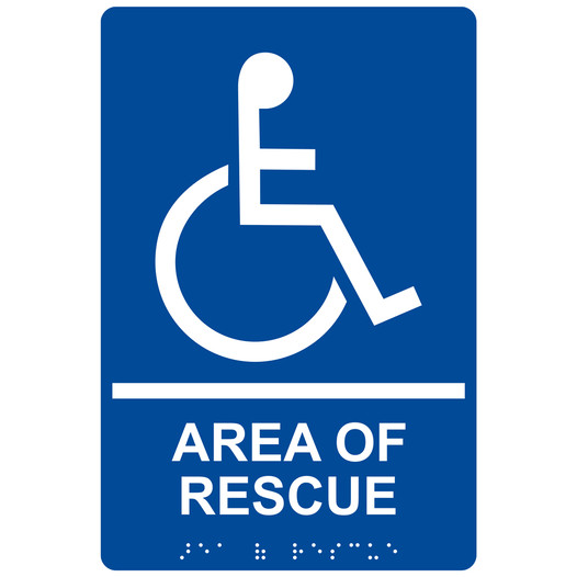 Blue ADA Braille Accessible AREA OF RESCUE Sign with Symbol RRE-920_White_on_Blue