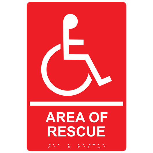 Red ADA Braille Accessible AREA OF RESCUE Sign with Symbol RRE-920_White_on_Red