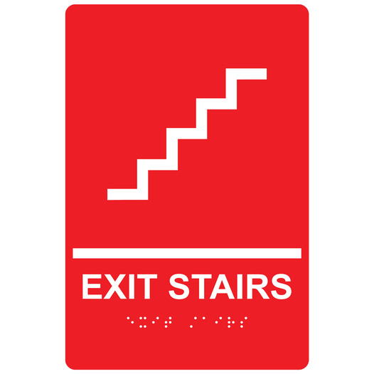 Red ADA Braille EXIT STAIRS Sign with Symbol RRE-225_White_on_Red