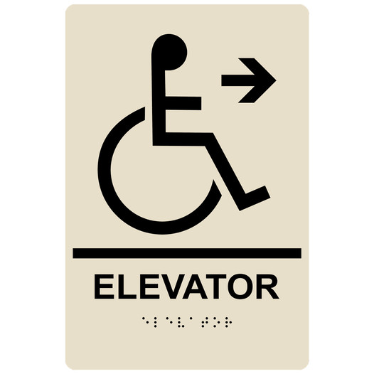 Almond ADA Braille Accessible ELEVATOR Right Sign RRE-14783_Black_on_Almond
