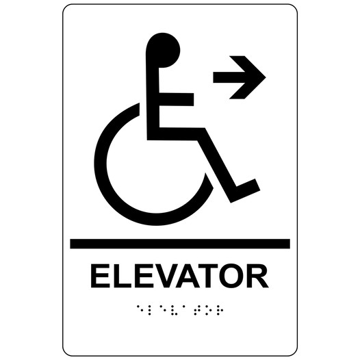 White ADA Braille Accessible ELEVATOR Right Sign RRE-14783_Black_on_White