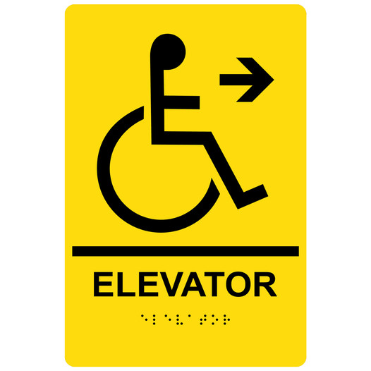 Yellow ADA Braille Accessible ELEVATOR Right Sign RRE-14783_Black_on_Yellow