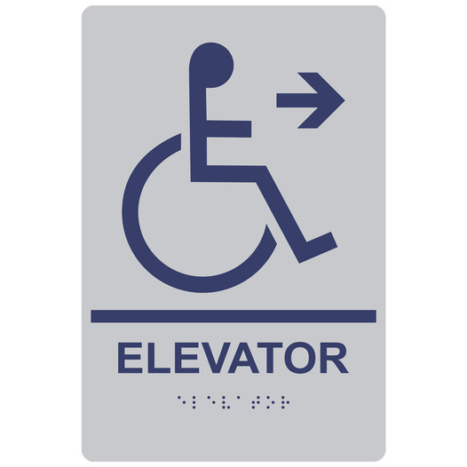 Silver ADA Braille Accessible ELEVATOR Right Sign RRE-14783_MarineBlue_on_Silver