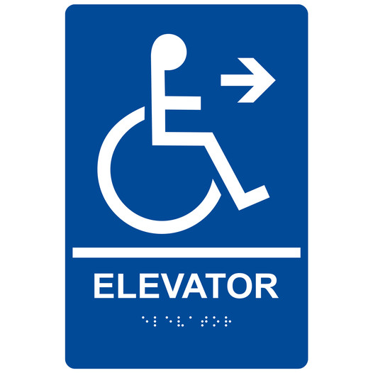 Blue ADA Braille Accessible ELEVATOR Right Sign RRE-14783_White_on_Blue