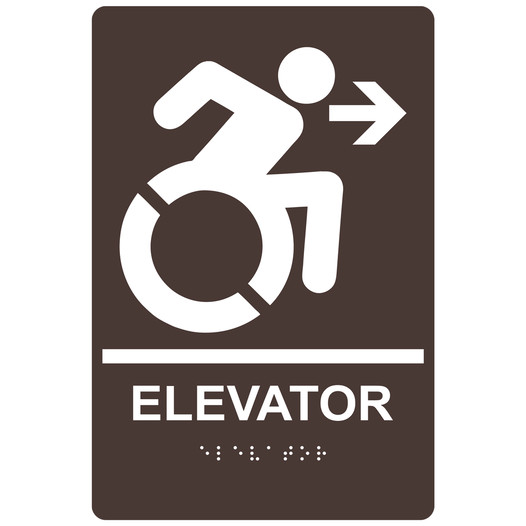 Dark Brown Braille ELEVATOR Right Sign with Dynamic Accessibility Symbol RRE-14783R_White_on_DarkBrown