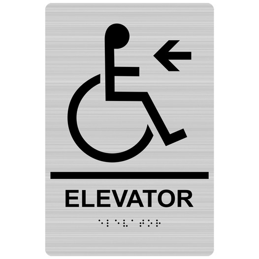 Brushed Silver ADA Braille Accessible ELEVATOR Left Sign RRE-14784_Black_on_BrushedSilver