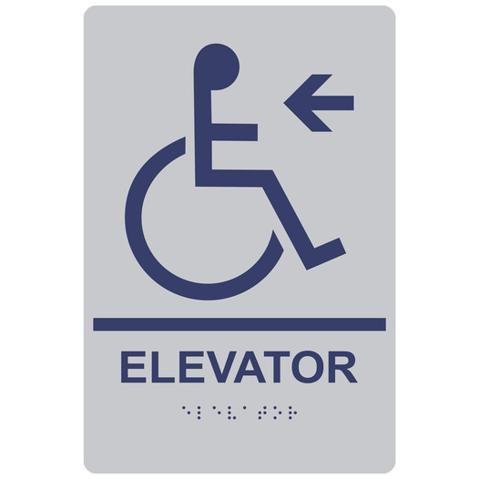 Silver ADA Braille Accessible ELEVATOR Left Sign RRE-14784_MarineBlue_on_Silver